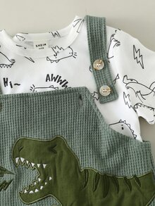 SHEIN 3pcs/Set Baby Boy Toddler Cute Dinosaur Embroidered Plaid Overalls Shorts, Sunhat And Short Sleeve Knit Top, Spring/Summer Outfit Sets - Green - View 5