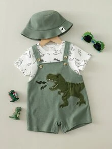 SHEIN 3pcs/Set Baby Boy Toddler Cute Dinosaur Embroidered Plaid Overalls Shorts, Sunhat And Short Sleeve Knit Top, Spring/Summer Outfit Sets - Green - View 3