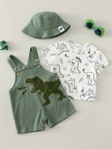 SHEIN 3pcs/Set Baby Boy Toddler Cute Dinosaur Embroidered Plaid Overalls Shorts, Sunhat And Short Sleeve Knit Top, Spring/Summer Outfit Sets - Green - View 1