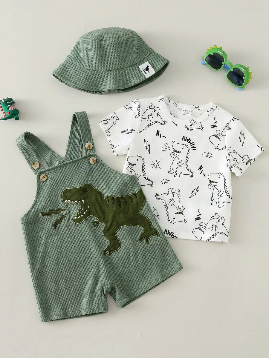 SHEIN 3pcs/Set Baby Boy Toddler Cute Dinosaur Embroidered Plaid Overalls Shorts, Sunhat And Short Sleeve Knit Top, Spring/Summer Outfit Sets - Green - View 1