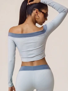 SHEIN BAE Women's Letter Print Off-Shoulder Cropped Top And Colorblock Flare Leg Pants Sports Set - Light Grey - View 4