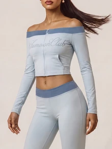 SHEIN BAE Women's Letter Print Off-Shoulder Cropped Top And Colorblock Flare Leg Pants Sports Set - Light Grey - View 5