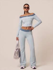 SHEIN BAE Women's Letter Print Off-Shoulder Cropped Top And Colorblock Flare Leg Pants Sports Set - Light Grey - View 6