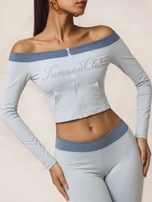 SHEIN BAE Women's Letter Print Off-Shoulder Cropped Top And Colorblock Flare Leg Pants Sports Set - Light Grey - View 3