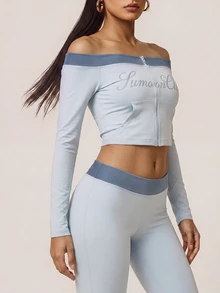 SHEIN BAE Women's Letter Print Off-Shoulder Cropped Top And Colorblock Flare Leg Pants Sports Set - Light Grey - View 1