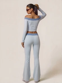 SHEIN BAE Women's Letter Print Off-Shoulder Cropped Top And Colorblock Flare Leg Pants Sports Set - Light Grey - View 2