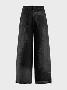 AXEPEAK Men's Patchwork Contrast Color Washed Vintage Denim Jeans - Black - View 2