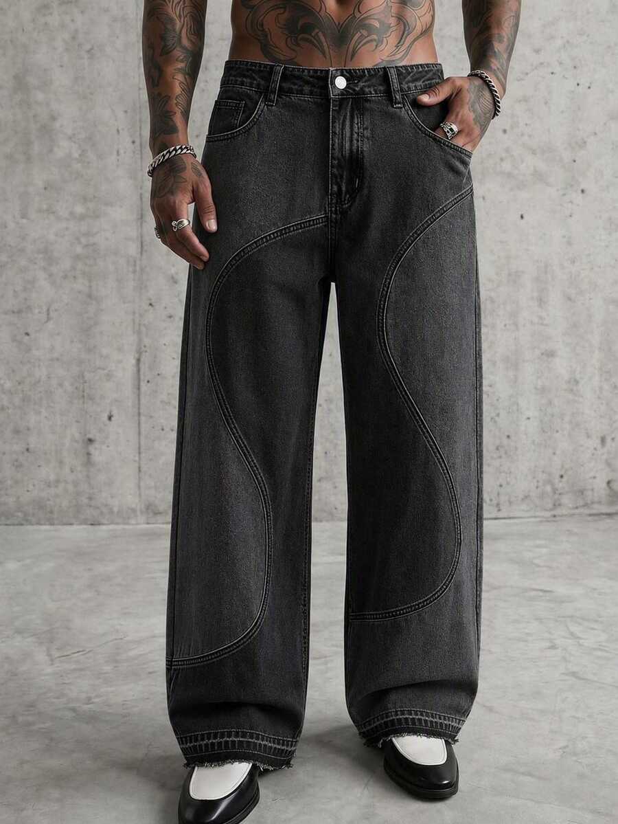 AXEPEAK Men's Patchwork Contrast Color Washed Vintage Denim Jeans - Black - View 1