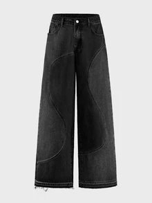 AXEPEAK Men's Patchwork Contrast Color Washed Vintage Denim Jeans - Black - View 5