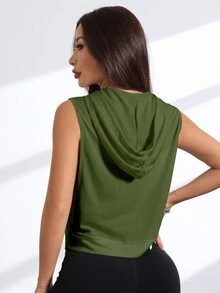 Eassivo Eassivo Sweatshirt Olahraga Tanpa Lengan Berkerudung dengan Bordir Huruf - Hijau Tentara - View 3