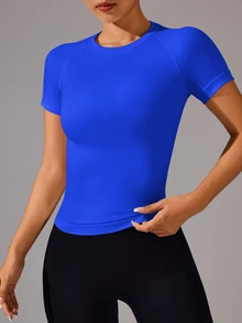 Eassivo Eassivo 女士休闲纯色圆领短袖运动T恤，无缝 - 寶藍色 - 查看 5