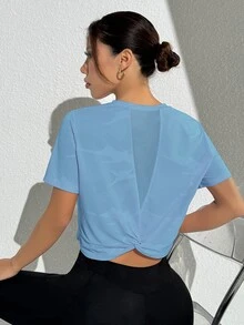 Eassivo Eassivo Kaos Olahraga Kasual Serbaguna Berwarna Biru Muda dengan Sambungan Jala yang Nyaman - Baby Blue - View 7