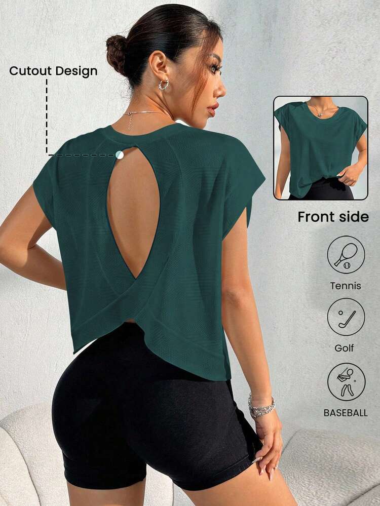 Eassivo Eassivo Women's Dark Teal Loose Fit Yoga Top Open Back Workout Tank Top Summer Casual Gym Clothes Running Fitness Sports T-Shirt Active Wear Cover Up Tops - Dark Green - View 4