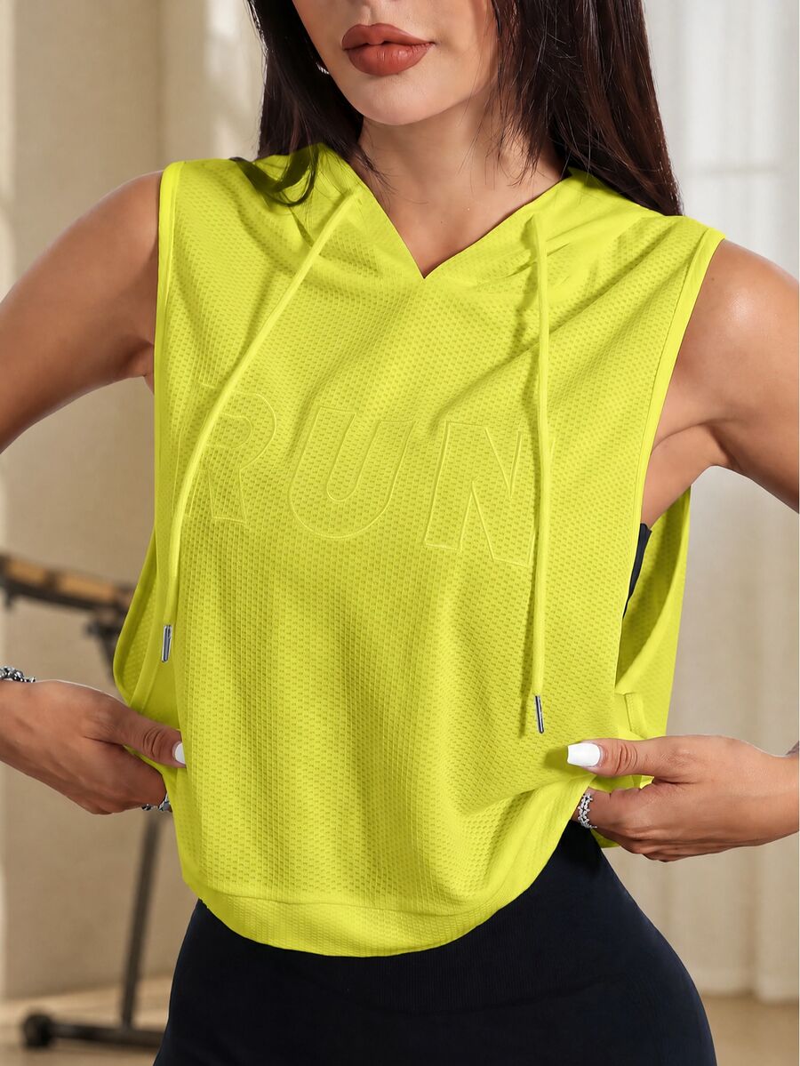 Eassivo Eassivo Solid Color Letter Embroidered Hooded Sleeveless Sports Sweatshirt - Yellow - View 1