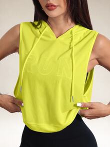 Eassivo Eassivo Solid Color Letter Embroidered Hooded Sleeveless Sports Sweatshirt - Yellow - View 3