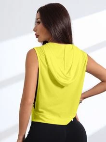 Eassivo Eassivo Solid Color Letter Embroidered Hooded Sleeveless Sports Sweatshirt - Yellow - View 6