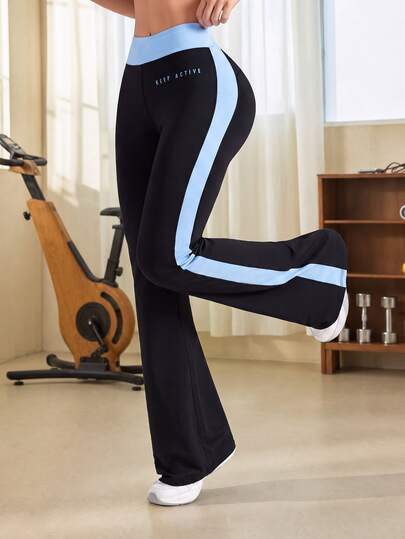 Eassivo Eassivo Women's Letter Print Colorblock High Waist Daily Fitness Flare Sports Pants