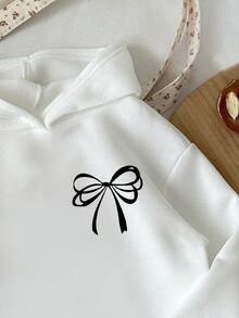 SHEIN Teen Girl Bowknot Design Sweatshirt, Casual Cute Comfortable Minimalist Loose Fit Top, Suitable For Autumn/Winter White Sweatshirt School Sixth Form - White - View 4
