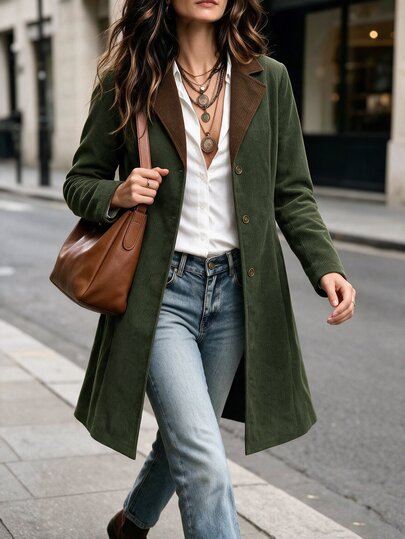 Breezaya American Retro Colorblock Corduroy Mid-Length Coat, Single-Breasted Slim Fit Vertical Ribbed Overcoat, Casual Large Pocket Long Sleeve Corduroy Trench