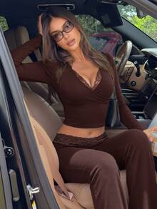 Avenya Women Two-Piece Outfits Night Out Club Dark Brown Autumn Casual Fall/Winter Elegant - Multicolor - View 3