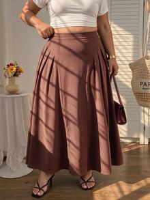 SHEIN MOD Plus Size Brown Pleated Split Long Umbrella Skirt, Elegant Intellectual Style, Daily Commute Outfit Fall - Brown - View 4