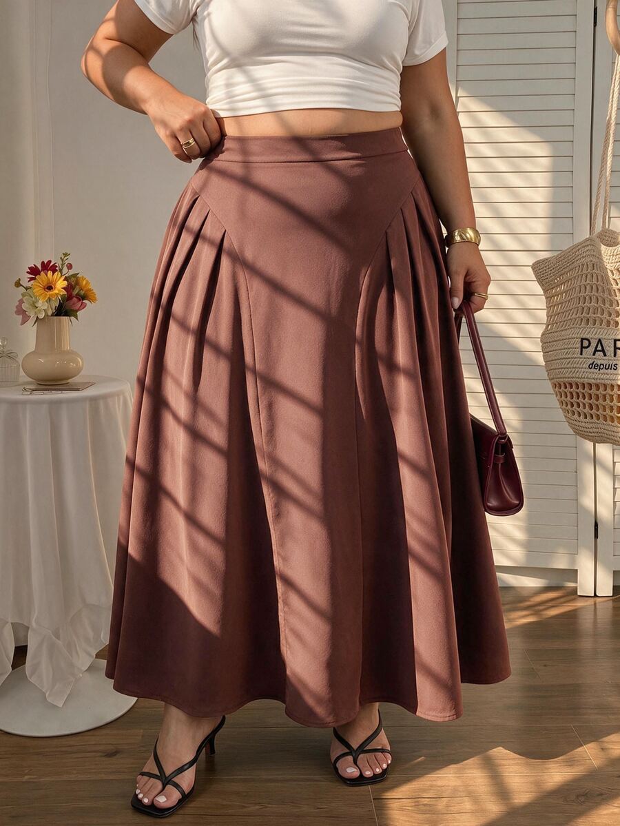 SHEIN MOD Plus Size Brown Pleated Split Long Umbrella Skirt, Elegant Intellectual Style, Daily Commute Outfit Fall - Brown - View 1