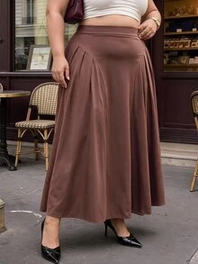 SHEIN MOD Plus Size Brown Pleated Split Long Umbrella Skirt, Elegant Intellectual Style, Daily Commute Outfit Fall - Brown - View 5