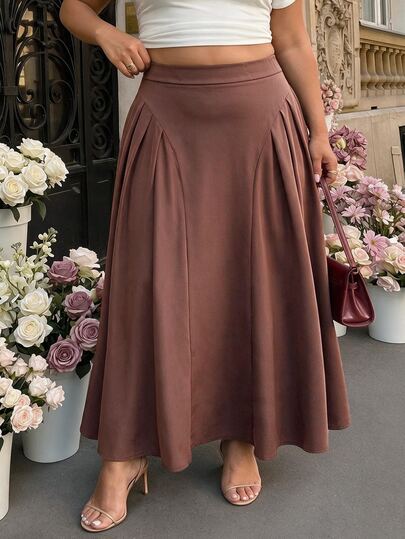 SHEIN MOD Plus Size Brown Pleated Split Long Umbrella Skirt, Elegant Intellectual Style, Daily Commute Outfit Fall
