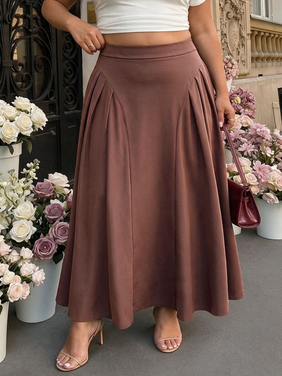 SHEIN MOD Plus Size Brown Pleated Split Long Umbrella Skirt, Elegant Intellectual Style, Daily Commute Outfit Fall - Brown - View 1