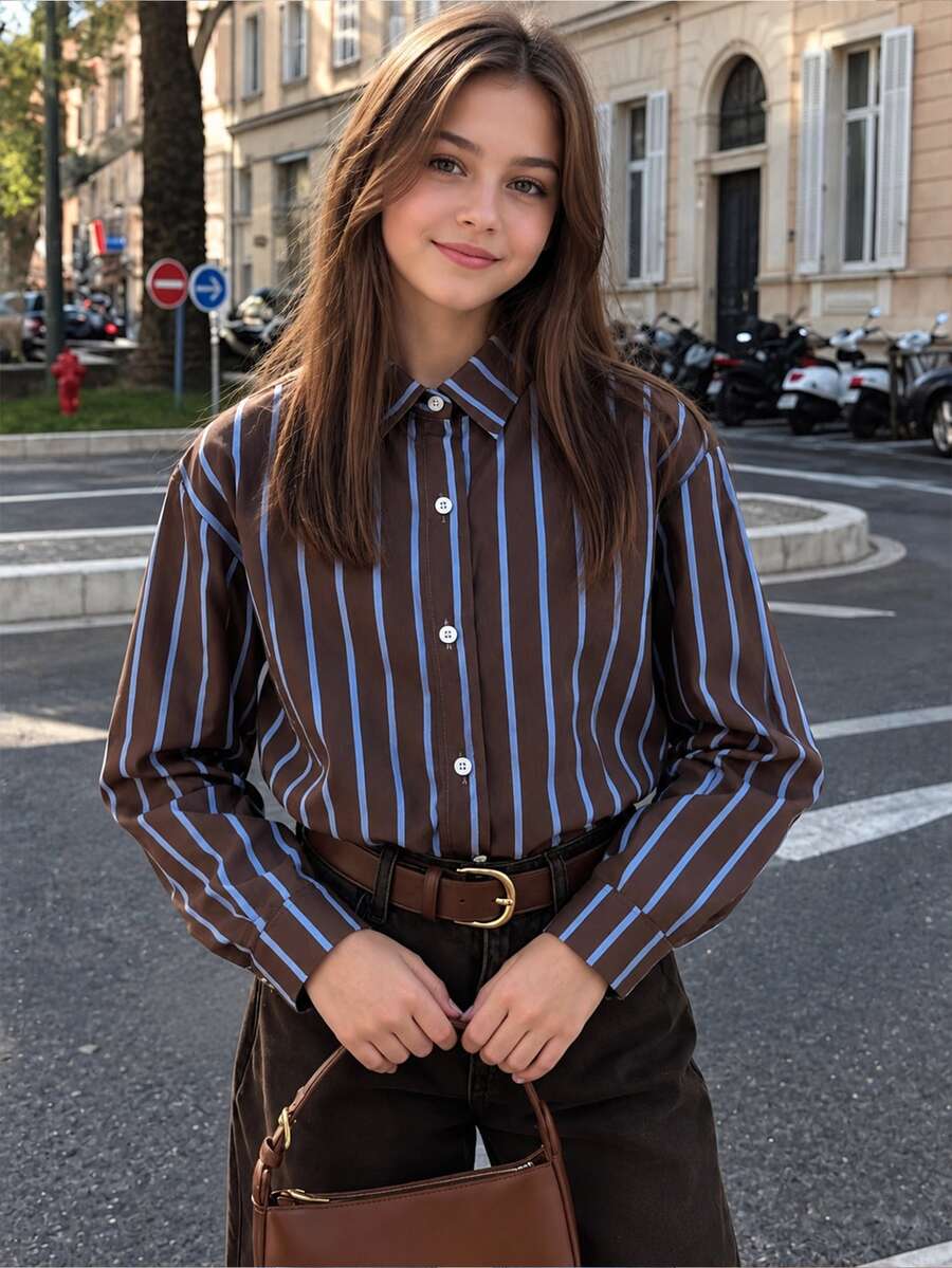 SHEIN Tween Girls Fall Tops Turn Collar Brown Stripe Long Sleeve Button-Down Shirt, Casual Preppy Top, Autumn, Fall Clothes Teachers' Day School