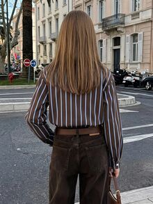 SHEIN Tween Girls Fall Tops Turn Collar Brown Stripe Long Sleeve Button-Down Shirt, Casual Preppy Top, Autumn, Fall Clothes Teachers' Day School - Brown - View 3