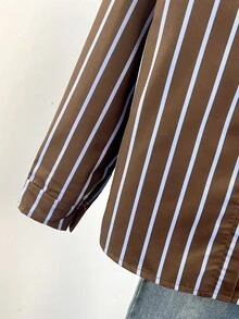 SHEIN Tween Girls Fall Tops Turn Collar Brown Stripe Long Sleeve Button-Down Shirt, Casual Preppy Top, Autumn, Fall Clothes Teachers' Day School - Brown - View 5