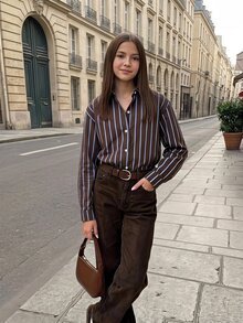 SHEIN Tween Girls Fall Tops Turn Collar Brown Stripe Long Sleeve Button-Down Shirt, Casual Preppy Top, Autumn, Fall Clothes Teachers' Day School - Brown - View 4