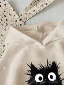 SHEIN Tween Girl Sweatshirt,Back-To-School Black And White Autumn Cute School Loose Fit Top,Comfortable Cat Graphic Design Print Fall Anime Puff Streetwear - Khaki - View 4