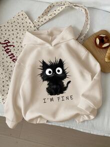 SHEIN Tween Girl Sweatshirt,Back-To-School Black And White Autumn Cute School Loose Fit Top,Comfortable Cat Graphic Design Print Fall Anime Puff Streetwear - Khaki - View 2