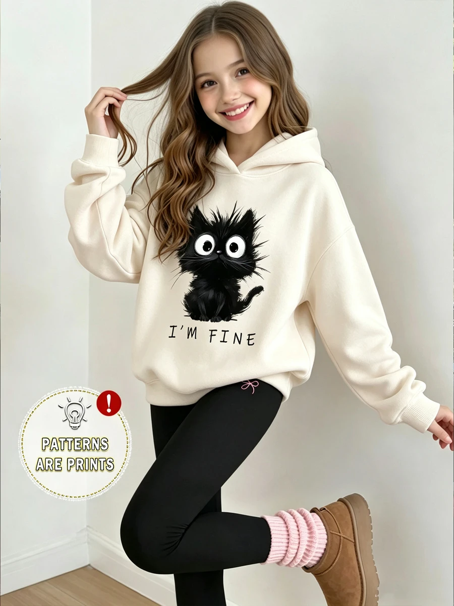SHEIN Tween Girl Sweatshirt,Back-To-School Black And White Autumn Cute School Loose Fit Top,Comfortable Cat Graphic Design Print Fall Anime Puff Streetwear - Khaki - View 1