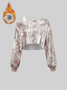 Sweetra Branch Print Bicolor Asymmetrical Neck Cropped Sweatshirt For Women Graduation,Back To School,Graduation,Teacher,Back To School Pullover Fall - Multicolor - View 1