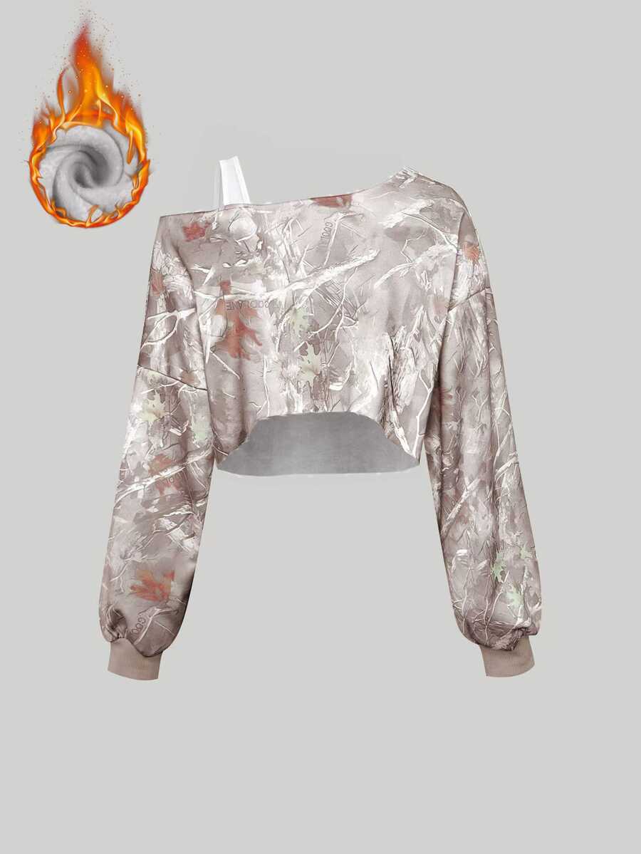 Sweetra Branch Print Bicolor Asymmetrical Neck Cropped Sweatshirt For Women Graduation,Back To School,Graduation,Teacher,Back To School Pullover Fall - Multicolor - View 1