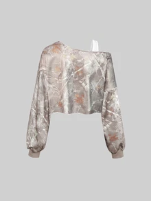 Sweetra Branch Print Bicolor Asymmetrical Neck Cropped Sweatshirt For Women Graduation,Back To School,Graduation,Teacher,Back To School Pullover Fall - Multicolor - View 3
