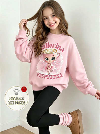 SHEIN 少女卡布奇诺芭蕾舞女字母图案宽松圆领卫衣，舒适休闲冬装