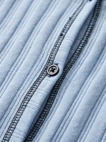 SHEIN PLUS Size Women 2 Pcs Cotton Rib Knitted Mint Green Contrast Colour Button Front Detail Long Sleeved&Long Pants Homewear Comfort Casual Comfort Pajama Set - Blue - View 6