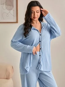SHEIN PLUS Size Women 2 Pcs Cotton Rib Knitted Mint Green Contrast Colour Button Front Detail Long Sleeved&Long Pants Homewear Comfort Casual Comfort Pajama Set - Blue - View 3