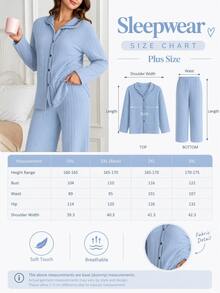 SHEIN PLUS Size Women 2 Pcs Cotton Rib Knitted Mint Green Contrast Colour Button Front Detail Long Sleeved&Long Pants Homewear Comfort Casual Comfort Pajama Set - Blue - View 4