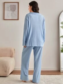 SHEIN PLUS Size Women 2 Pcs Cotton Rib Knitted Mint Green Contrast Colour Button Front Detail Long Sleeved&Long Pants Homewear Comfort Casual Comfort Pajama Set - Blue - View 2