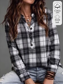 SHEIN Women's Plaid Casual Versatile Daily Wear Shirt - Black and White - View 1