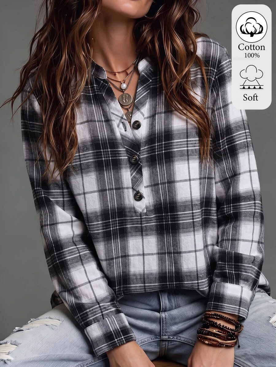 SHEIN Women's Plaid Casual Versatile Daily Wear Shirt - Black and White - View 1