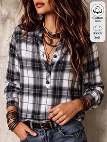 SHEIN Women's Plaid Casual Versatile Daily Wear Shirt - Black and White - View 3