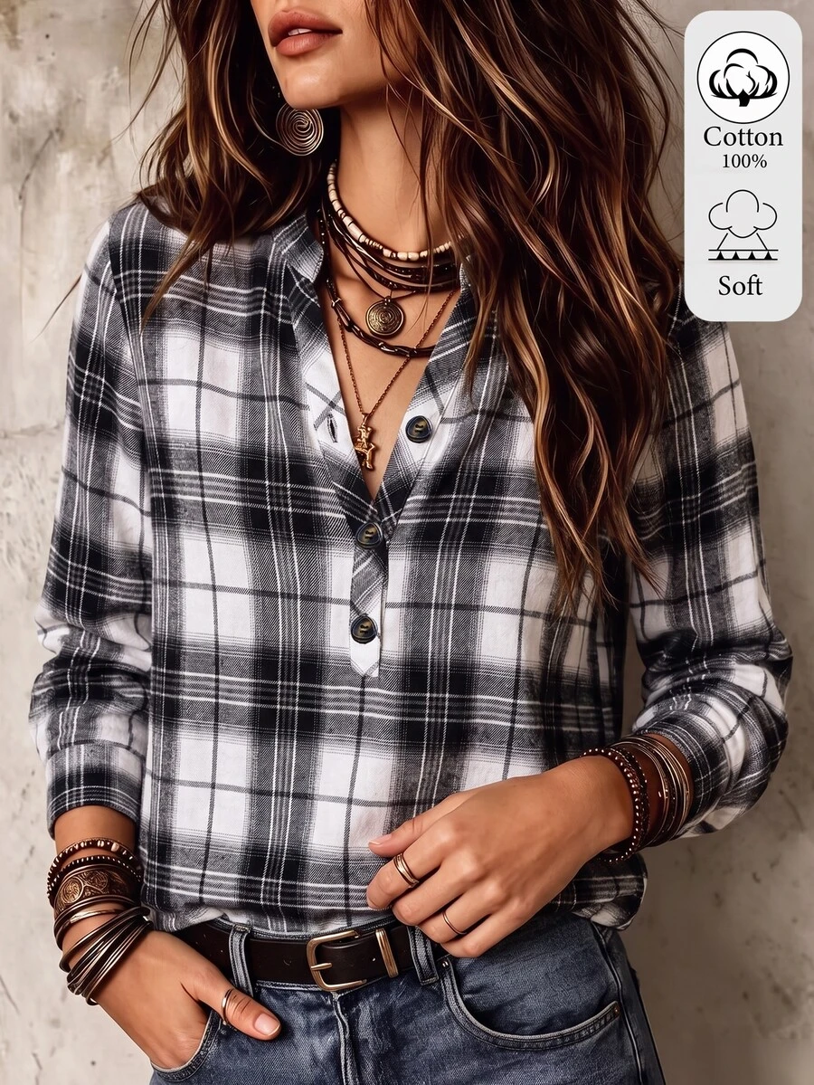 SHEIN Women's Plaid Casual Versatile Daily Wear Shirt - Black and White - View 1