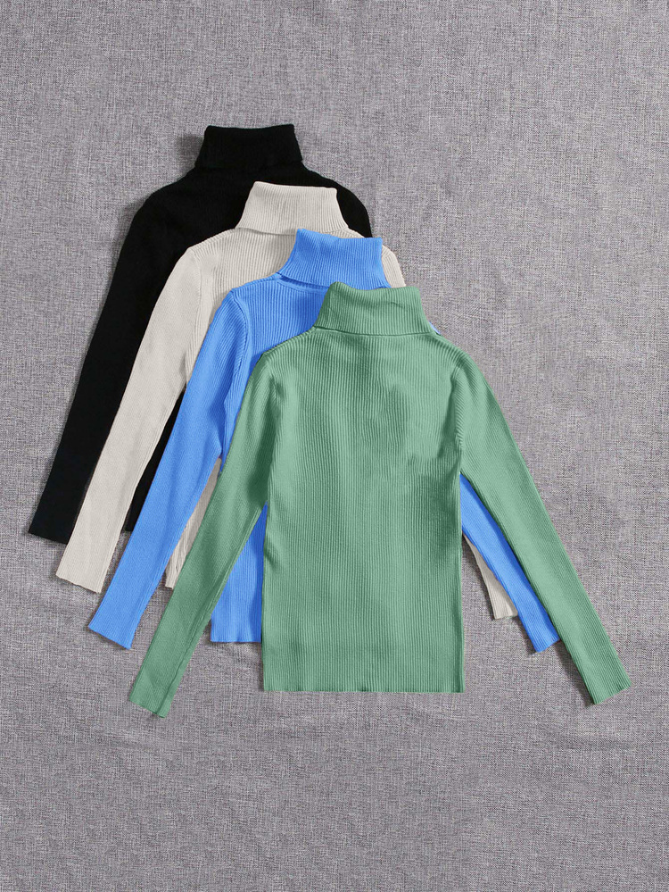 SHEIN Cottnline كنزة صوفية كاجوال بسيطة للنساء ذات لون أحادي بياقة عالية، للخريف - متعدد الألوان - مشاهدة 2
