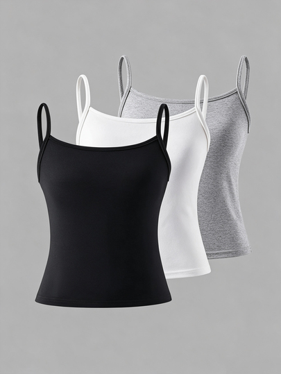 Sparklyn Tween Girls 3pcs Spaghetti Strap Cami Top,Soft Fabric Minimalist Black Summer Basic School Back-To-School Innerwear Daily Outings Style